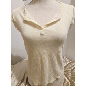 Loft Shirt Women XSmall Yellow Linen T V-Neck Short Sleeve Top Stretch Pullover